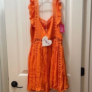 Buddy Love Bright Orange Ruffled Lace-Trim Mini Dress